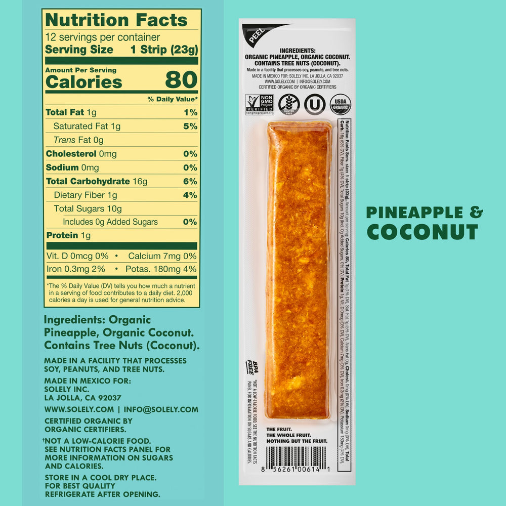 SOLELY 12-pack single-serve wraps showing portable, ready-to-eat tropical fruit jerky.