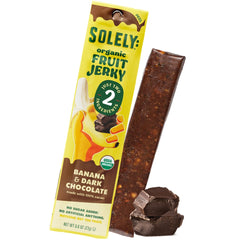 SOLELY banana chocolate drizzle fruit jerky packaging, portable vegan snack for busy lunches.