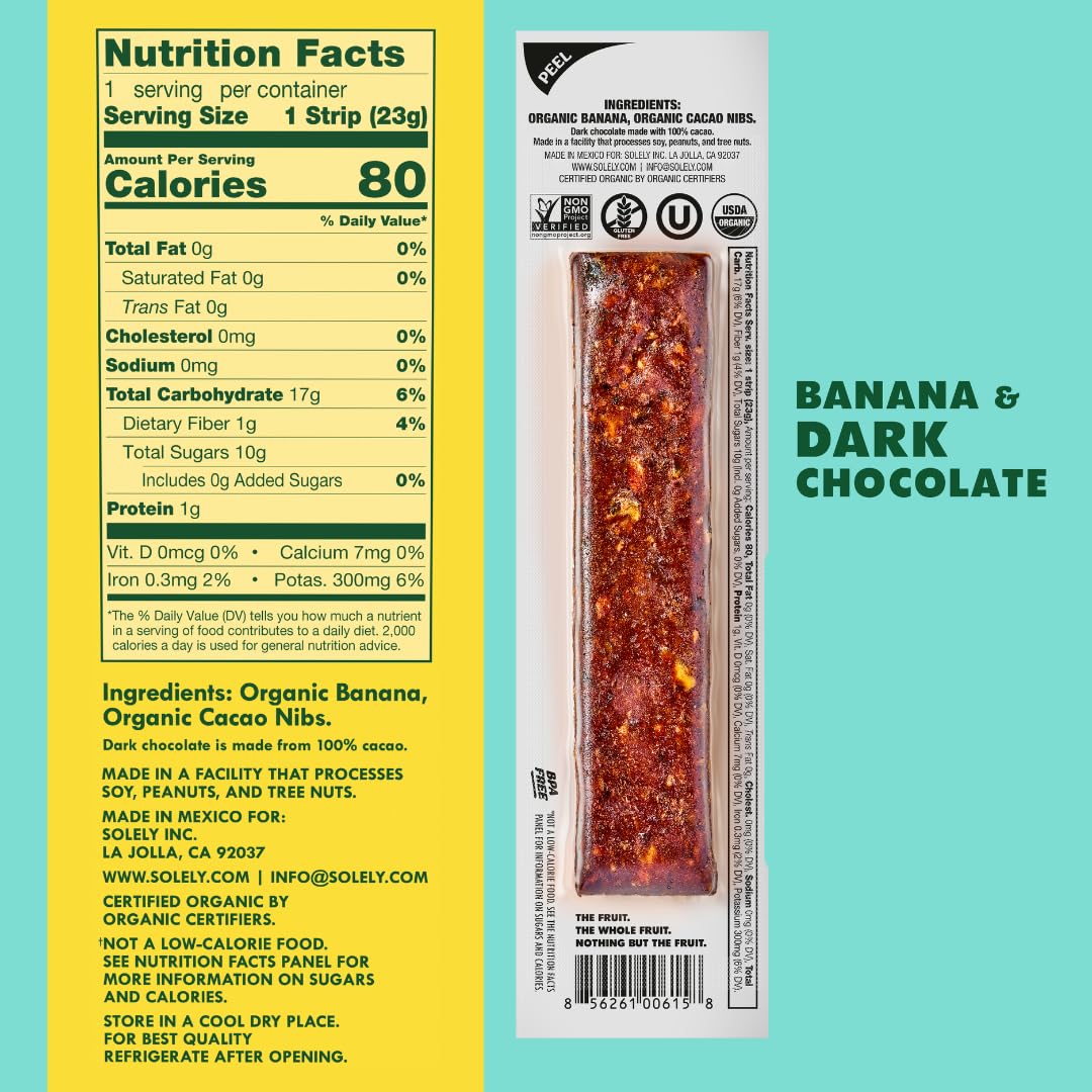 Solely banana chocolate drizzle fruit jerky strip close-up showing real fruit goodness for on-the-go snacking.