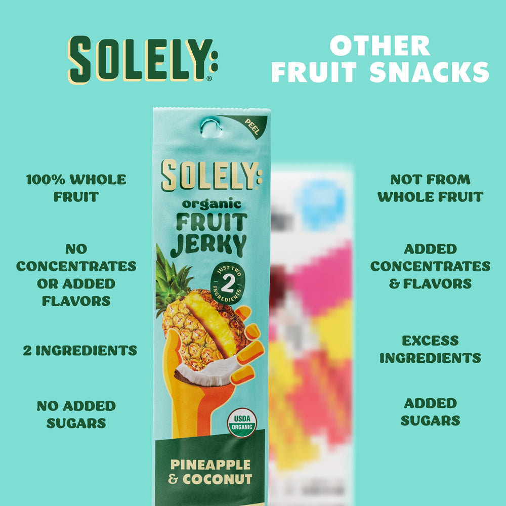 Solely Pineapple Coconut Jerky has no added sugar or preservatives