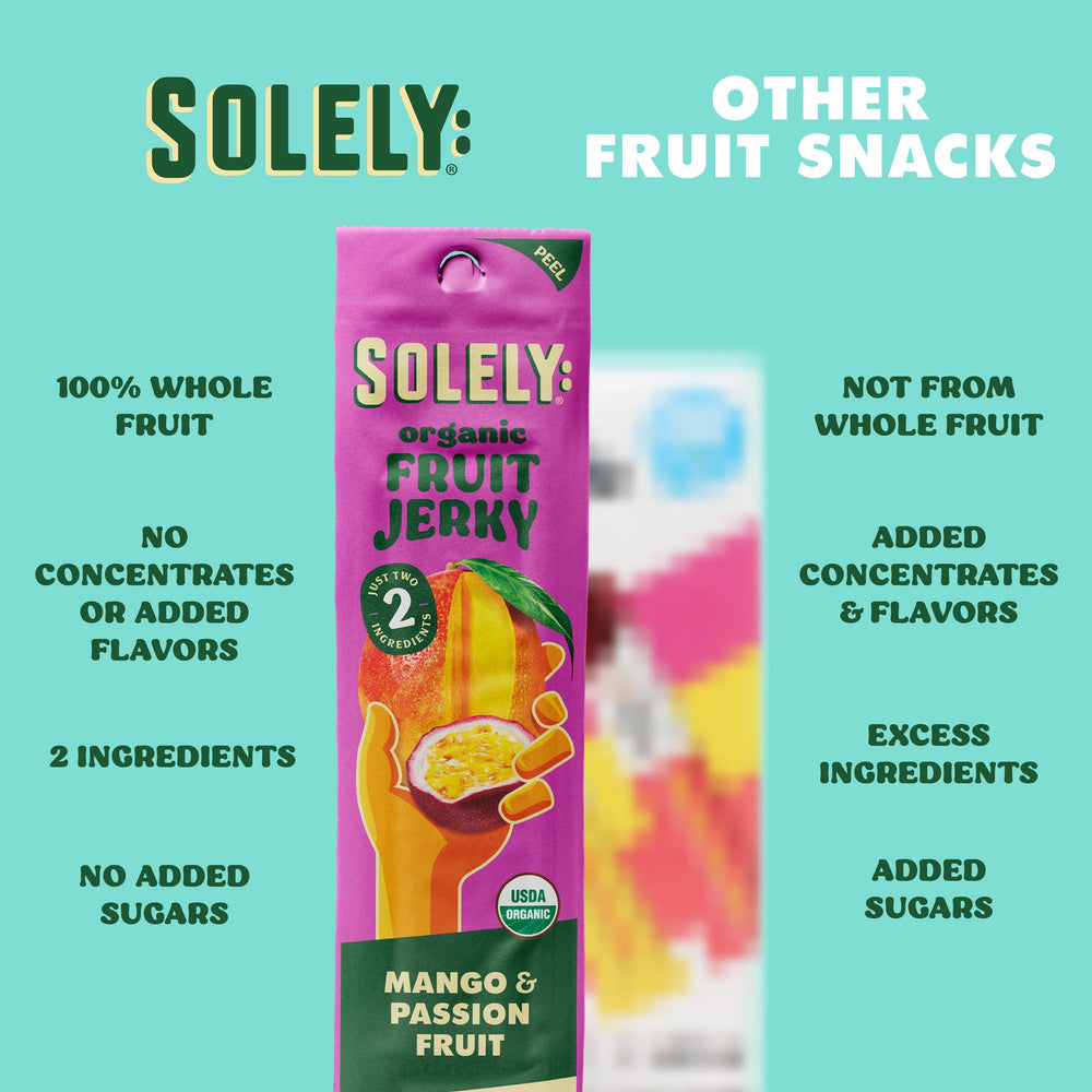 SOLELY product imagery highlights whole fruit ingredients and transparent ingredient lists.