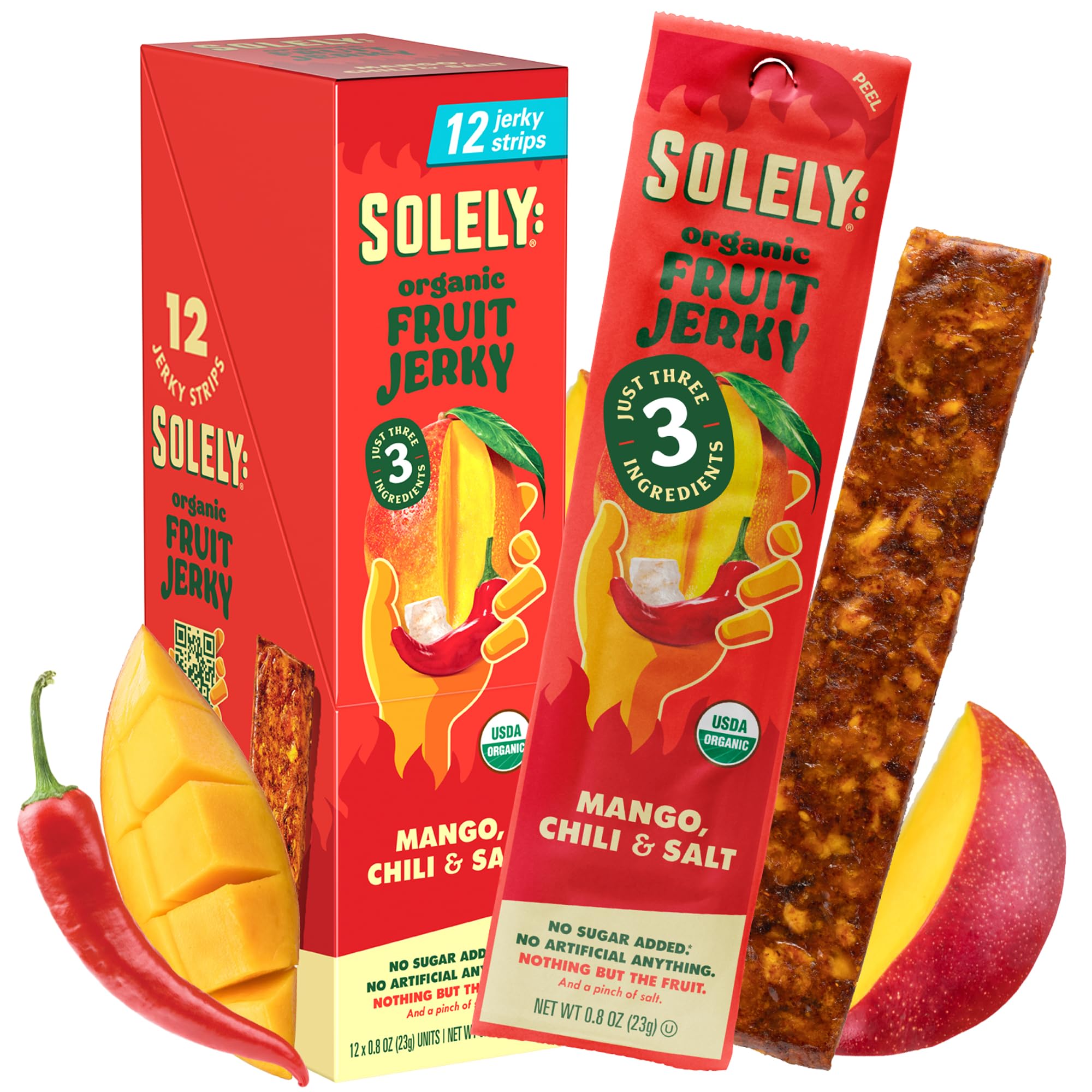 SOLELY fruit jerky mango chili salt pack, convenient on-the-go healthy snack.