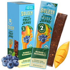 SOLELY Mango Blueberry Fruit Jerky strip, a convenient on-the-go snack.