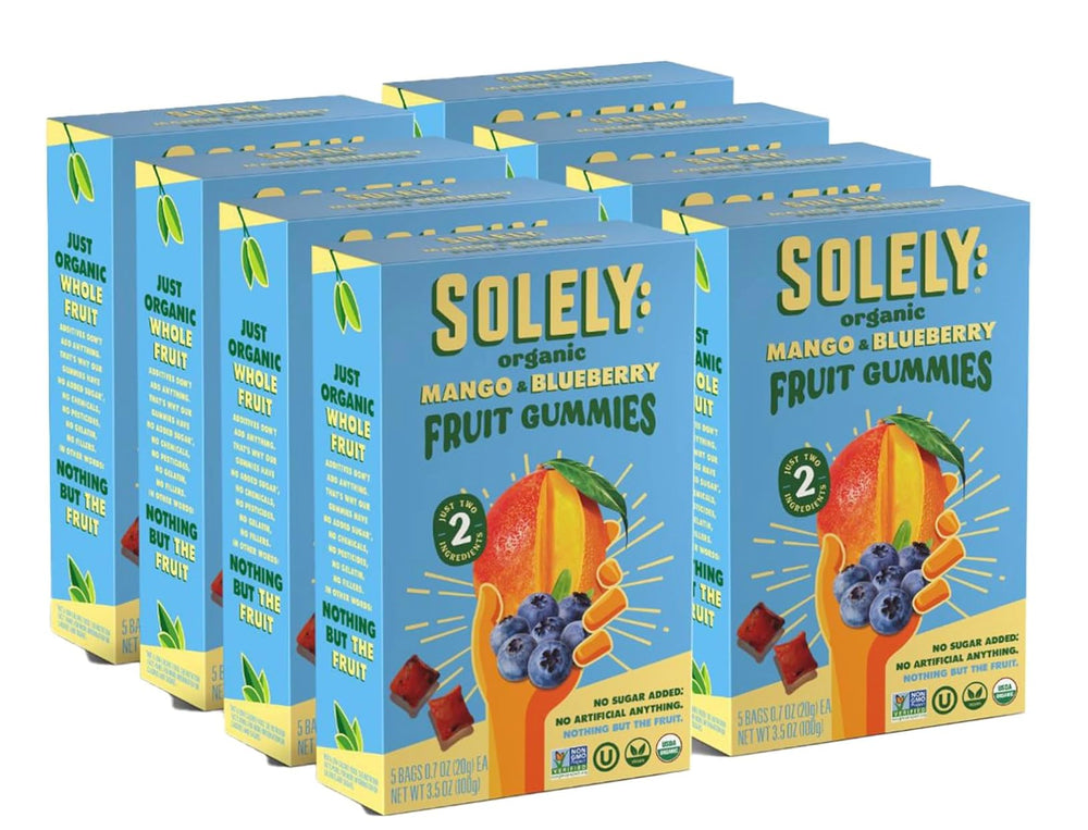 SOLELY Mango Blueberry Gummies pack highlighting real fruit and on-the-go snacking