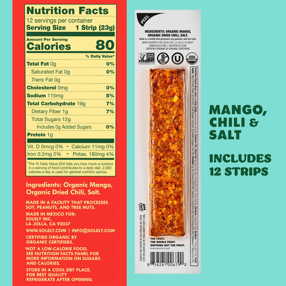 SOLELY mango chili jerky piece, tender fruit with a spicy-sweet kick.
