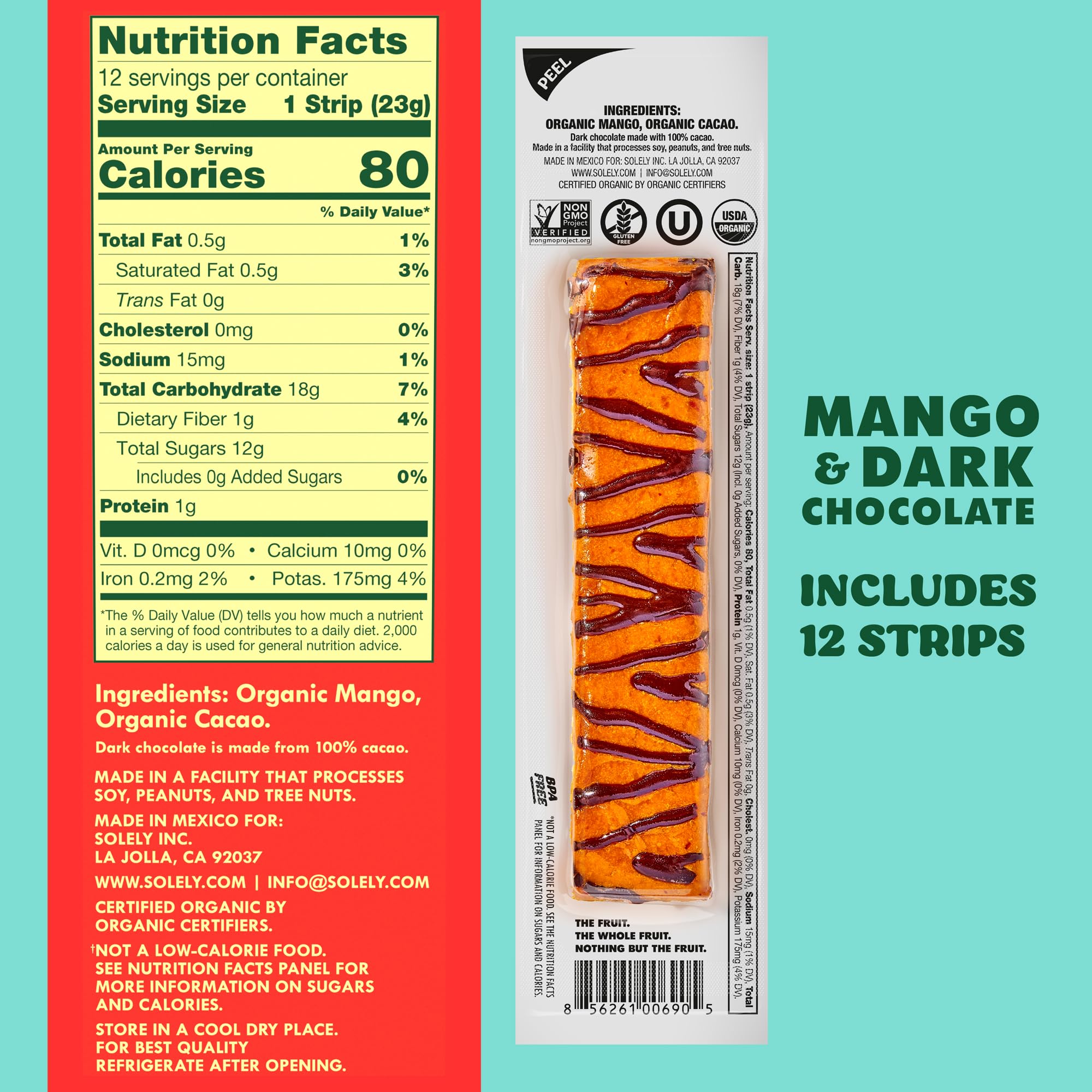 Single-serve mango chocolate jerky strip ideal for on-the-go snacking and balanced fruit flavor.