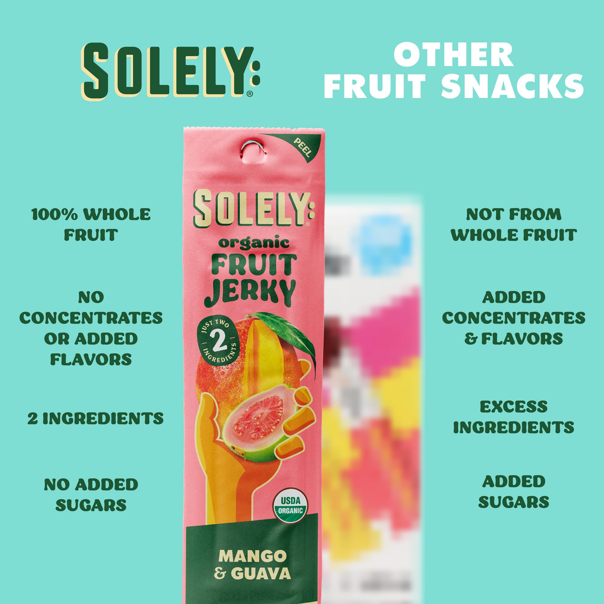 SOLELY Mango Guava Jerky on-the-go snack in lunchbox scene.