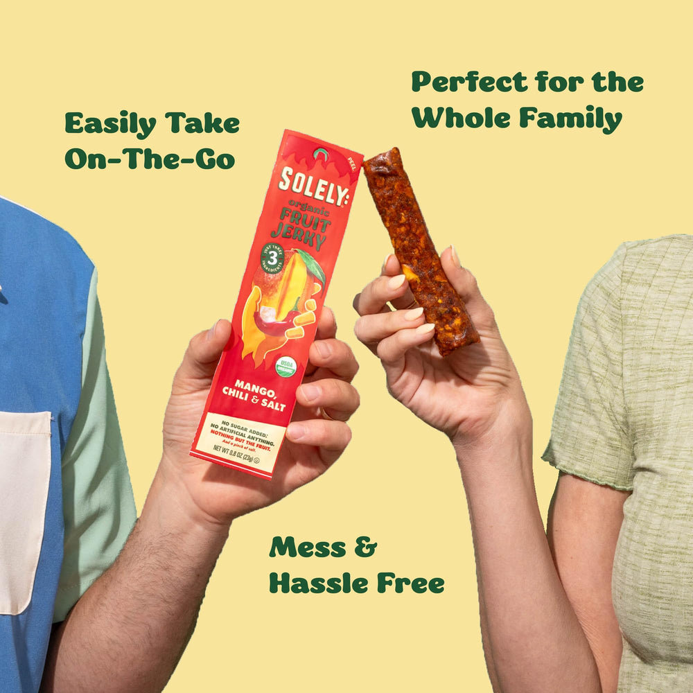 SOLELY Mango Guava Jerky packaging label showcases organic origin.