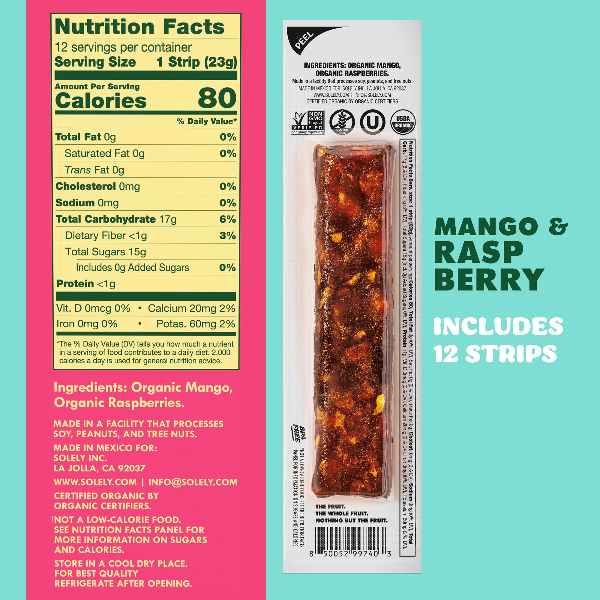 SOLELY mango-raspberry fruit jerky close-up texture showing chewy pieces.