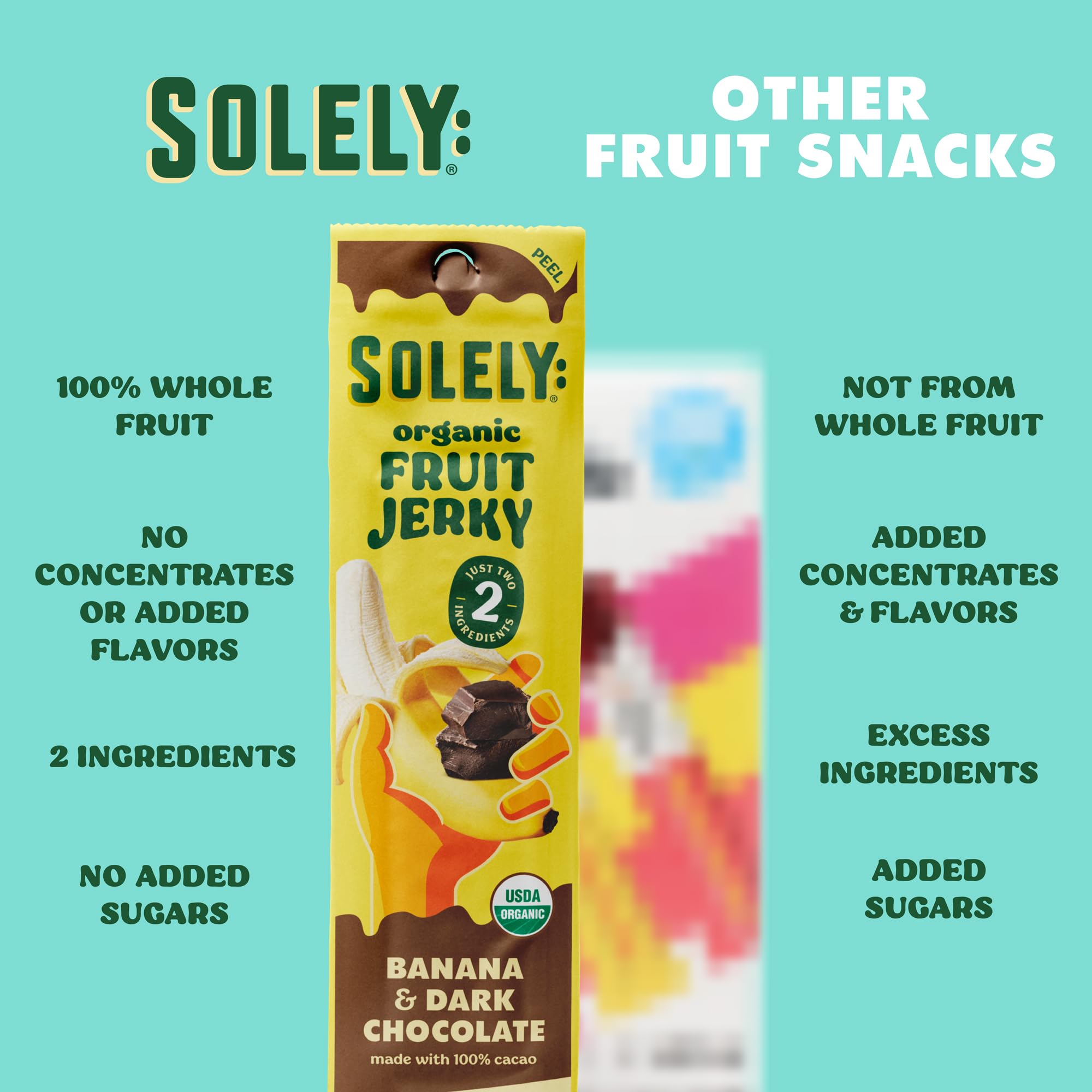 Solely organic banana and cacao close-up of ingredients, clean, minimal-snack appeal.