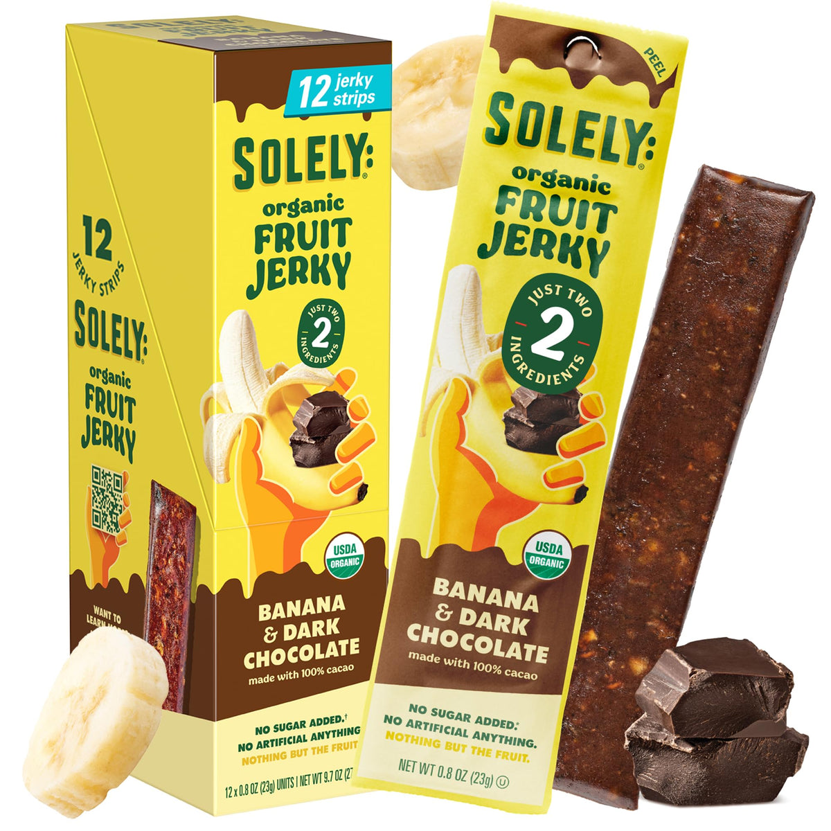 SOLELY Banana Chocolate Drizzled Fruit Jerky on a plate shows two-ingredient simplicity
