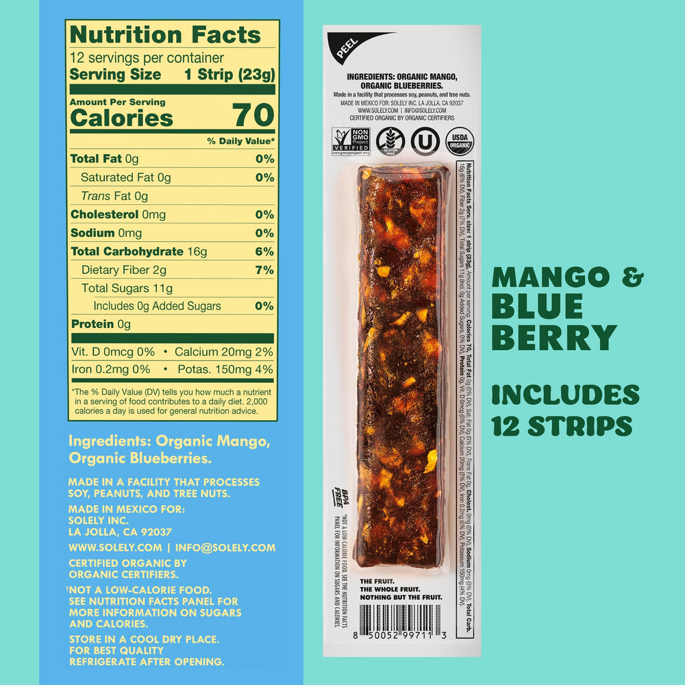 SOLELY Organic Mango-Blueberry Jerky Pack, ideal for lunchboxes and travel.