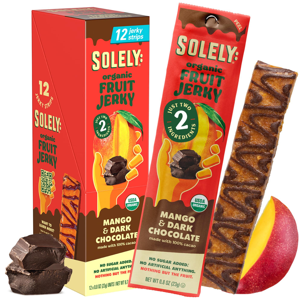 SOLELY Organic Mango Chocolate Drizzle Jerky Pack with simple ingredients for clean snacking.