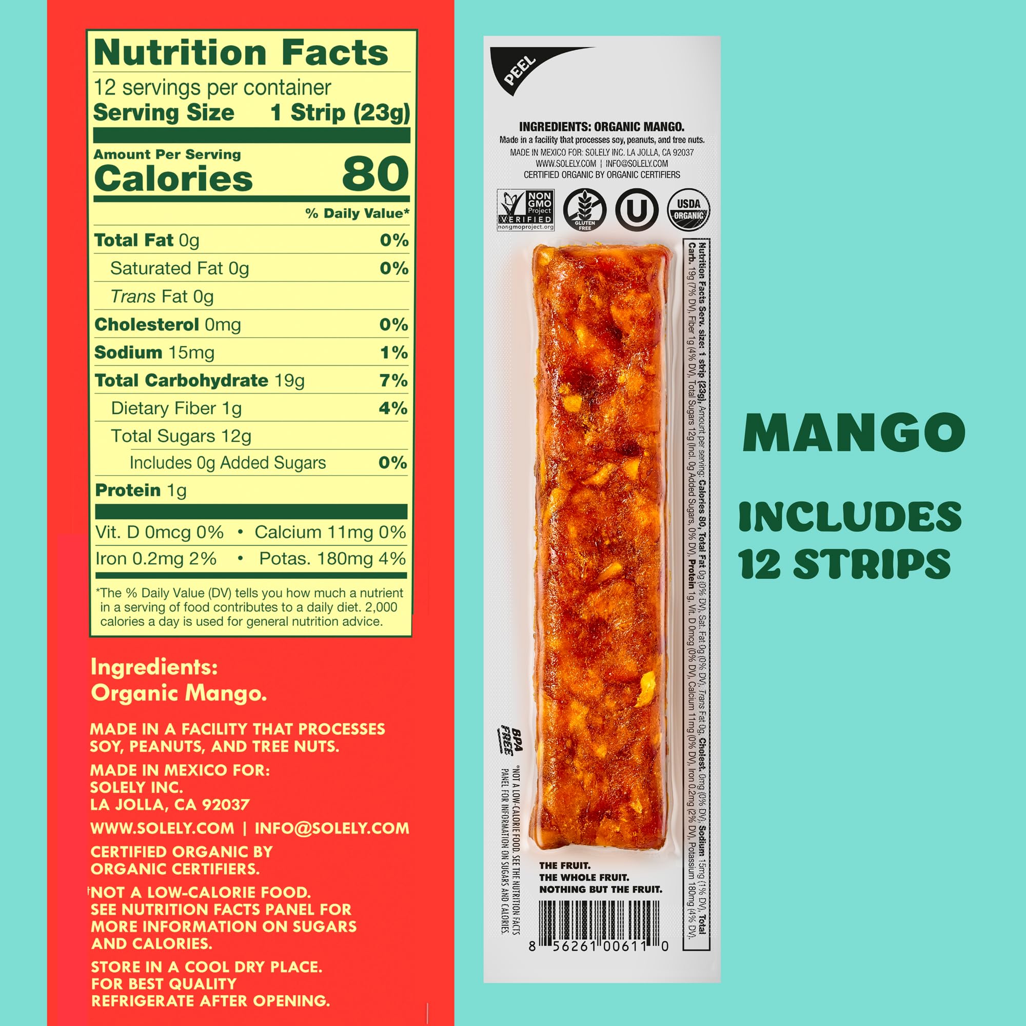 Close-up of SOLELY mango fruit jerky slices showing vibrant texture and natural mango aroma.
