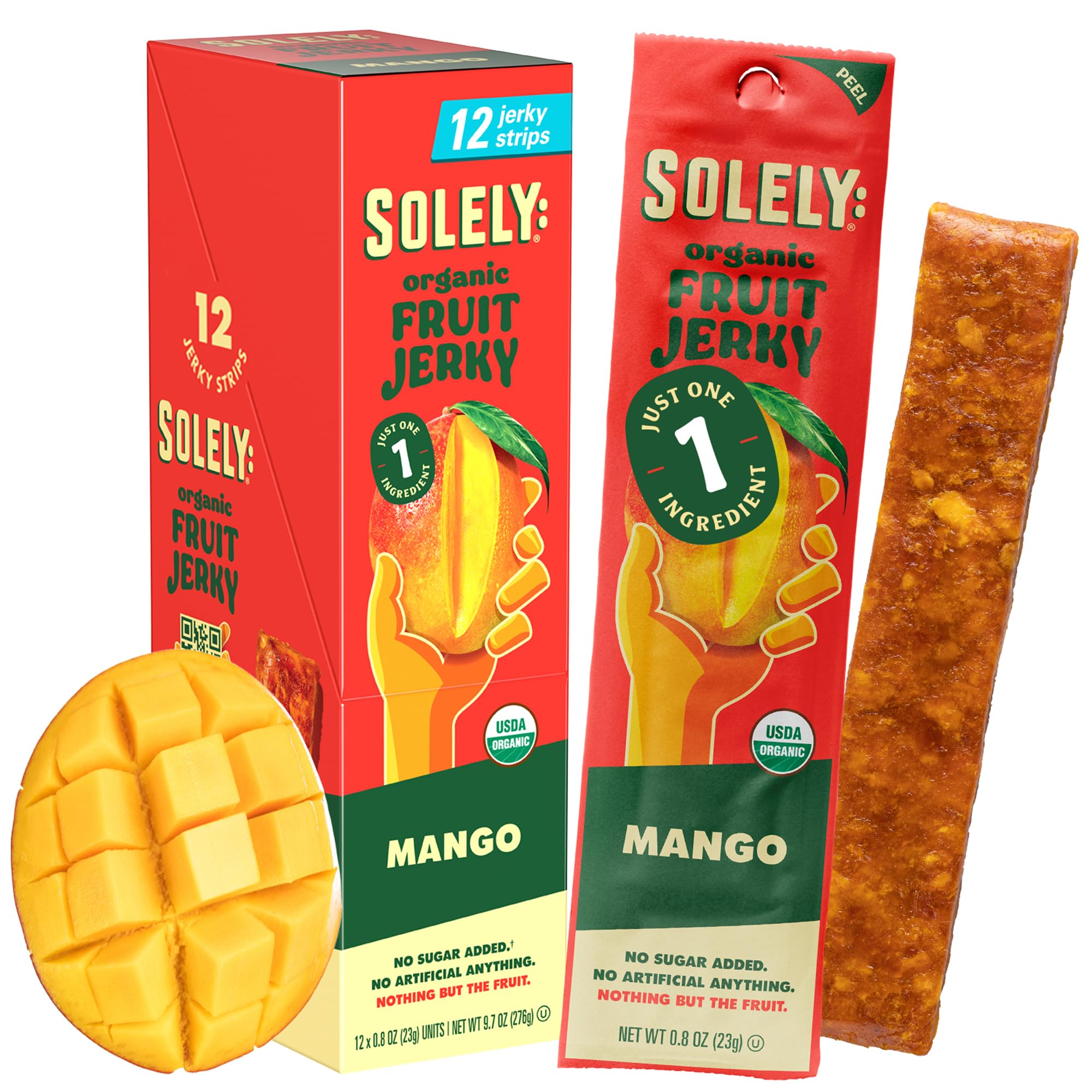 SOLELY Organic Mango Fruit Jerky pack with twelve individually wrapped slices for portable snacking.