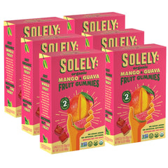 SOLELY Organic Mango Guava Gummies front view, a convenient daily snack for all ages.