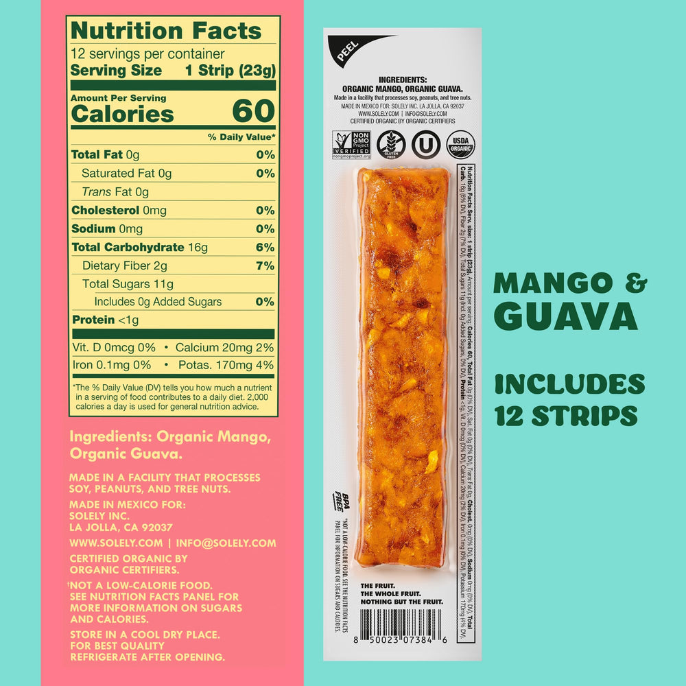 SOLELY Mango Guava Jerky 12-pack back shows ingredients and packaging.