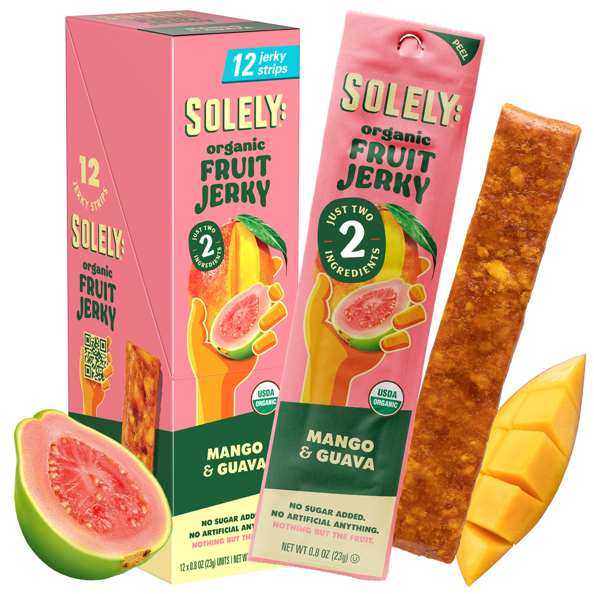 SOLELY Mango Guava Jerky 12-pack front view for on-the-go healthy snacking.