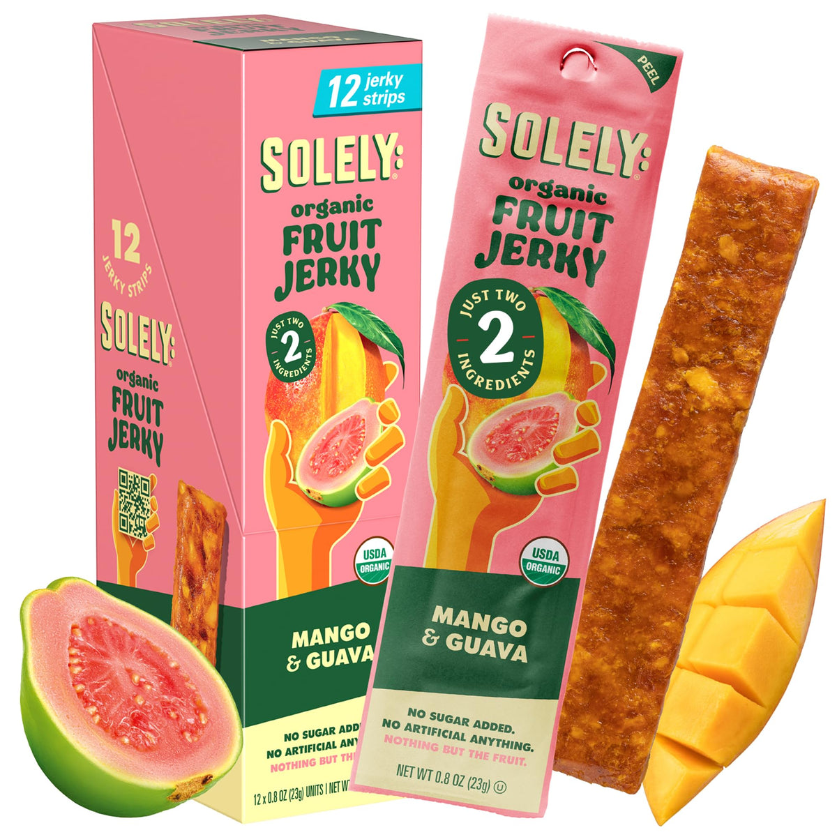 SOLELY Mango Guava Jerky 12-pack front view for on-the-go healthy snacking.