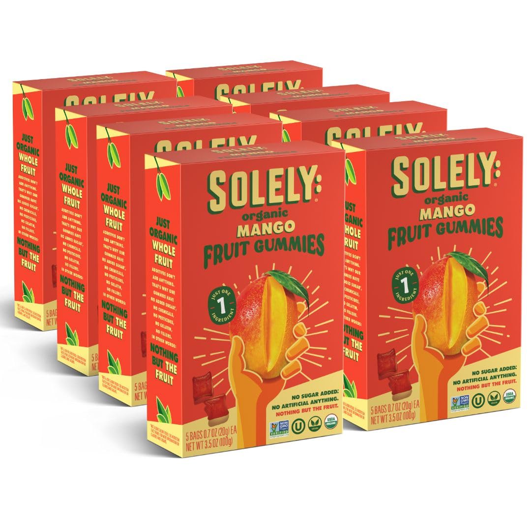 SOLELY Organic Mango Gummies pack eight boxes, ready for on-the-go snacking.