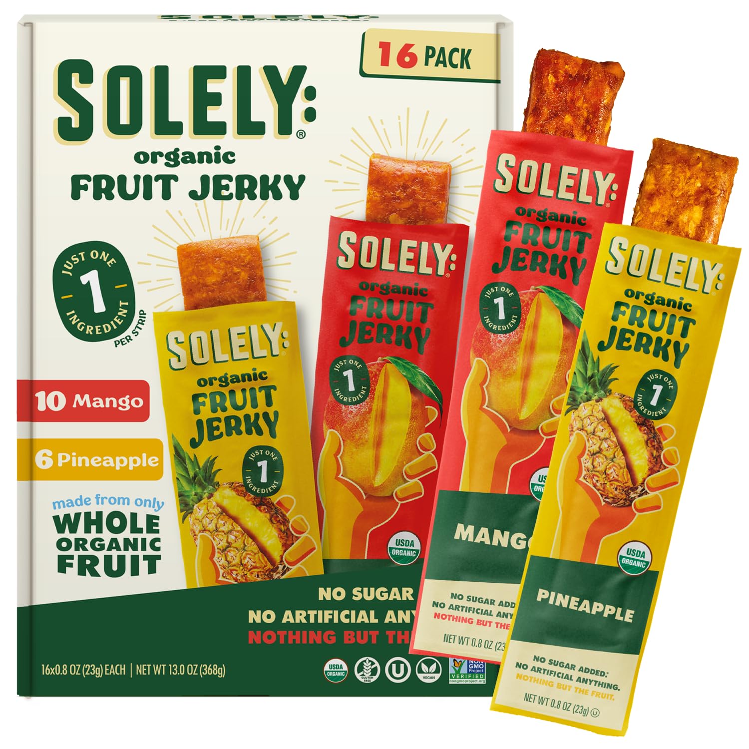 SOLELY Organic Mango Jerky package showing a single-ingredient fruit snack for on-the-go energy