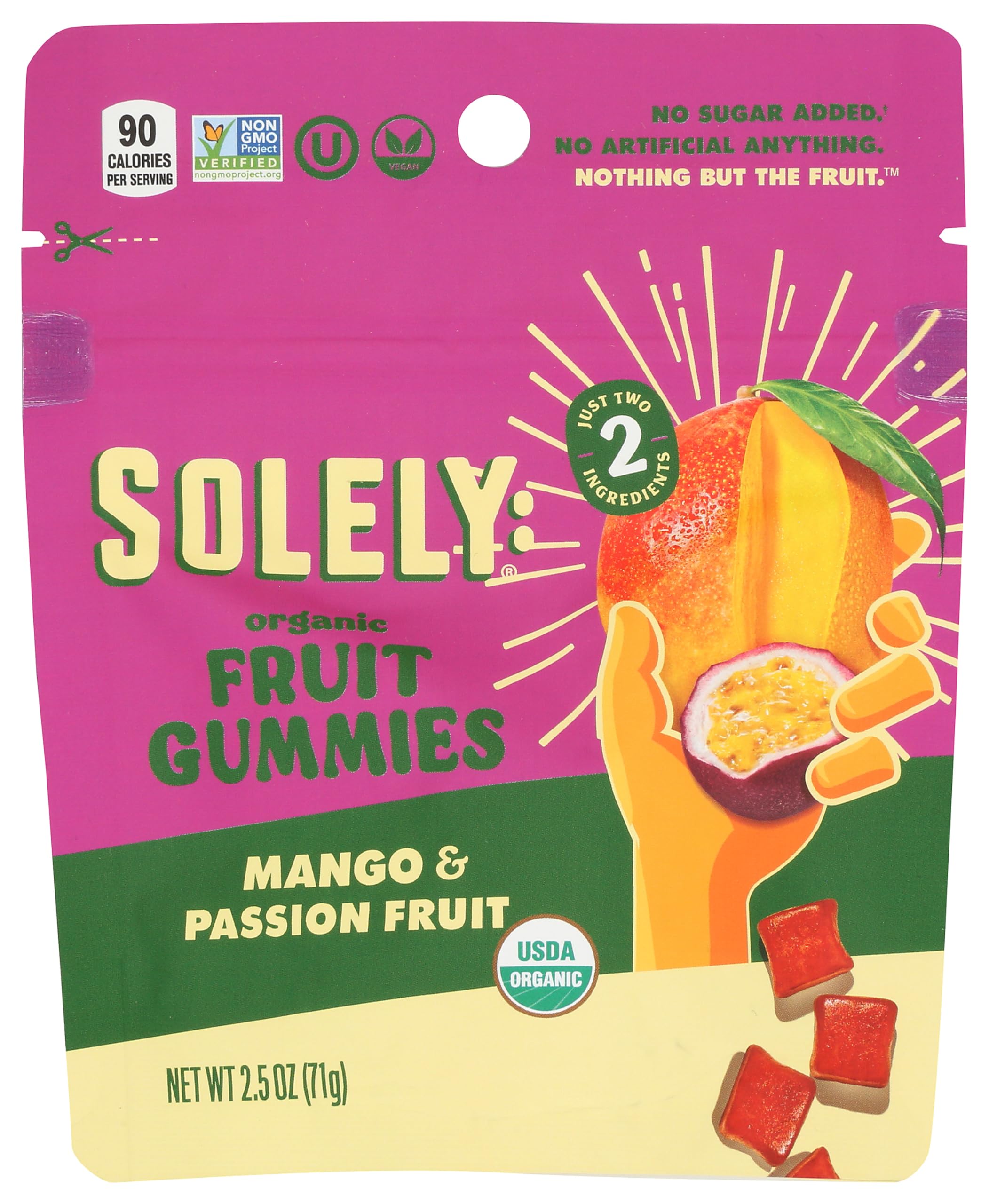 SOLELY Organic Mango and Passion Fruit Gummies pack highlights real fruit flavor and portability
