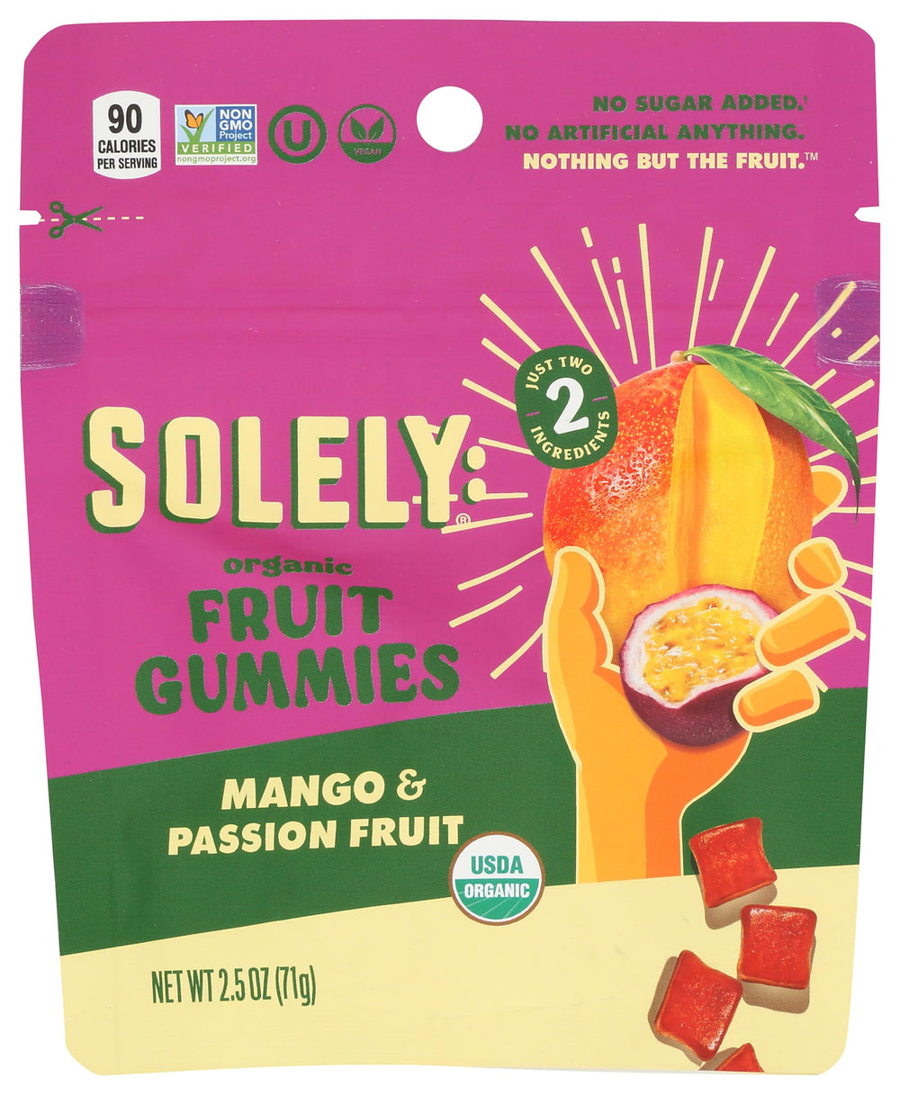 SOLELY Organic Mango and Passion Fruit Gummies pack highlights real fruit flavor and portability