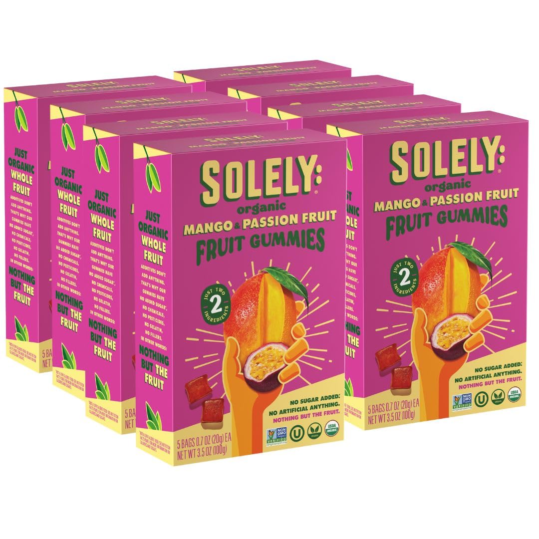 SOLELY gummies packaging highlights organic mango and passion fruit for healthy snacking