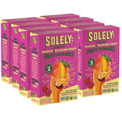 SOLELY gummies packaging highlights organic mango and passion fruit for healthy snacking