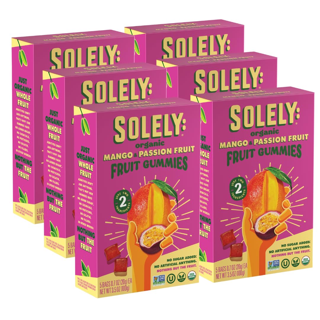 SOLELY organic mango-passion gummies pack showing six boxes, ideal for family snacking