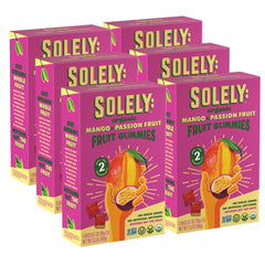 SOLELY organic mango-passion gummies pack showing six boxes, ideal for family snacking