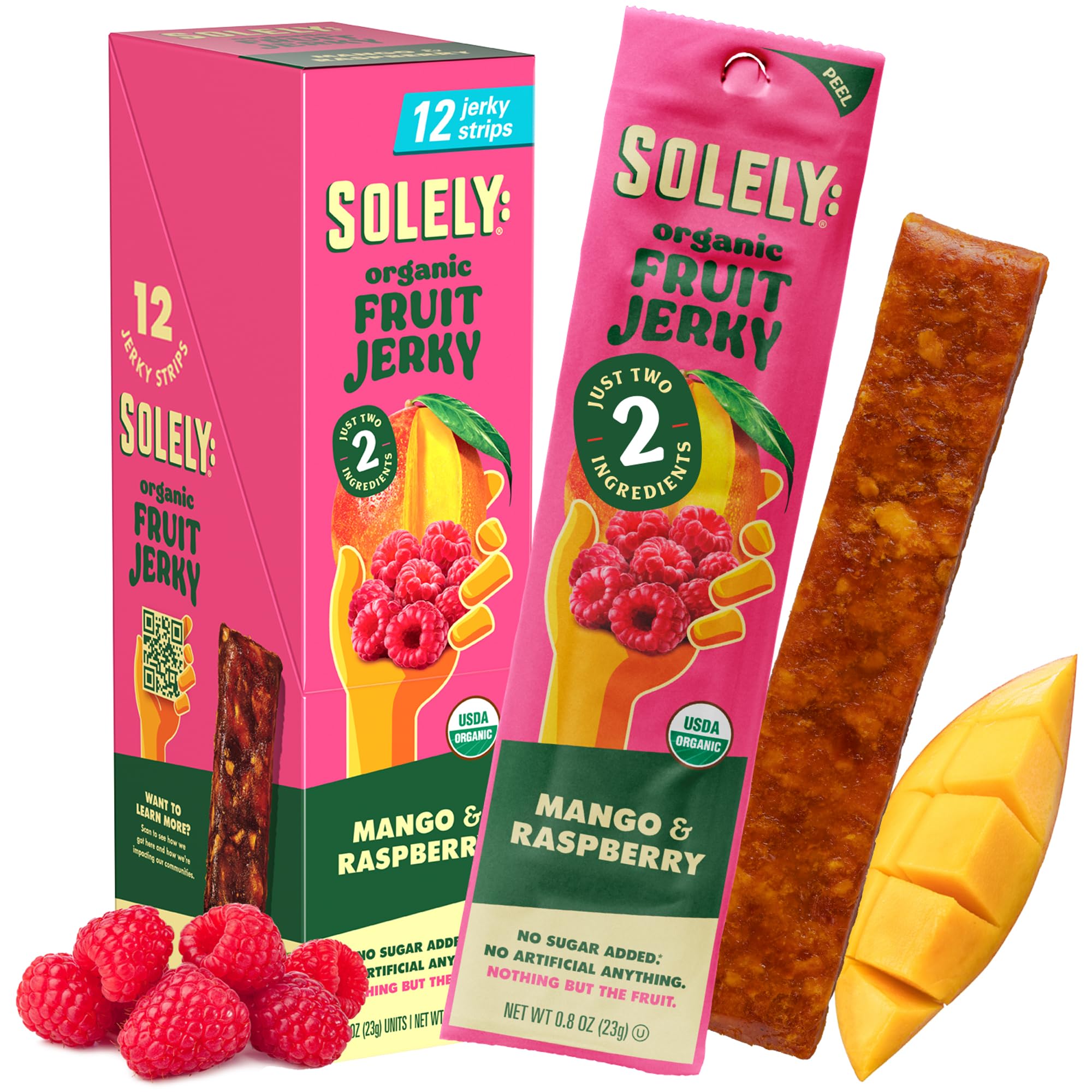 SOLELY mango raspberry fruit jerky packaging, a convenient healthy snack for busy days.