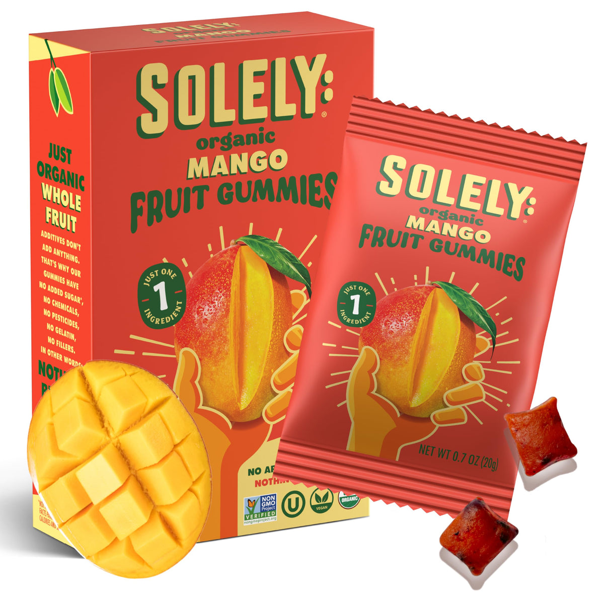 SOLELY Organic Mango Gummies box front, a convenient real fruit snack for busy days.