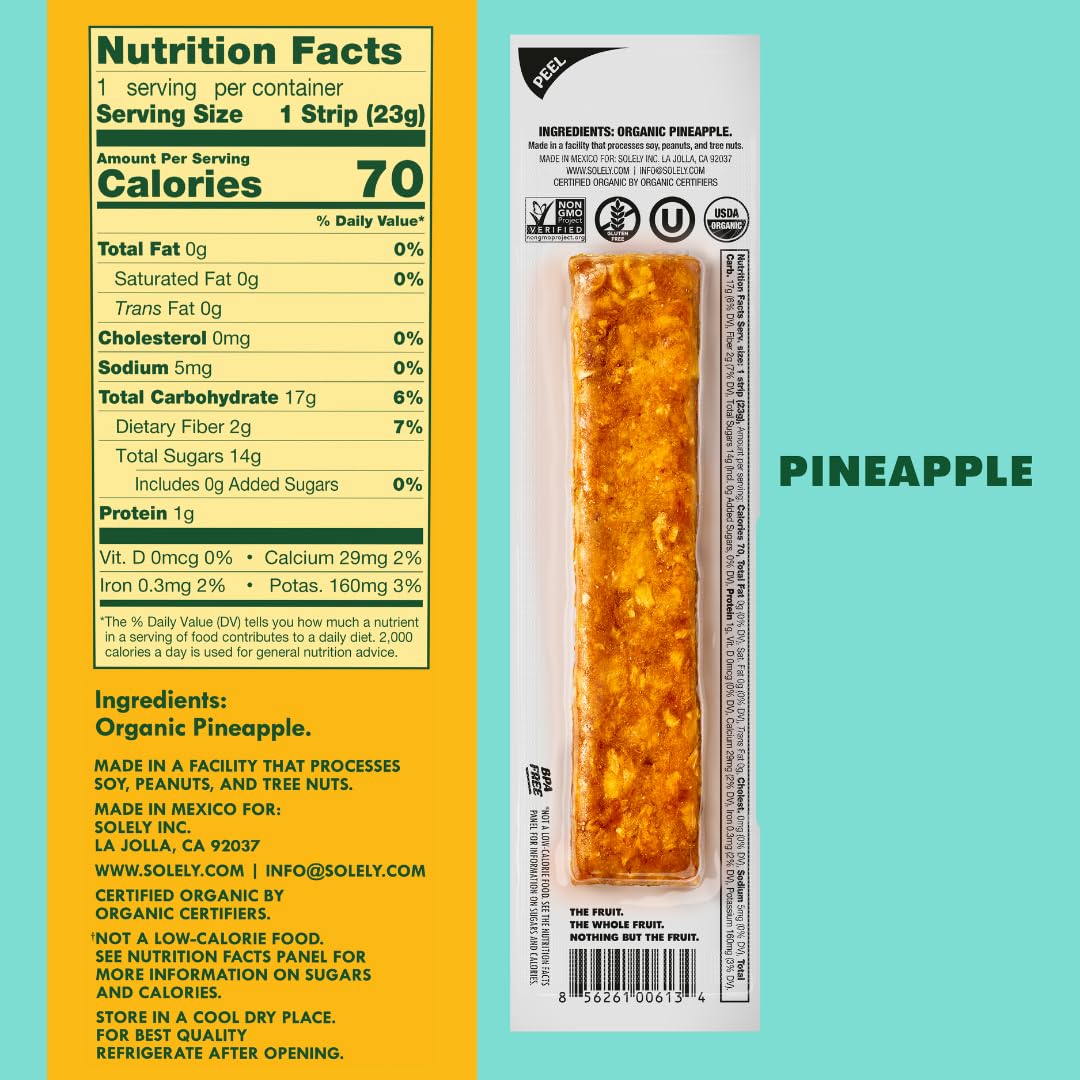 SOLELY Pineapple Fruit Jerky lunchbox-snack single-serving strip for quick natural energy.