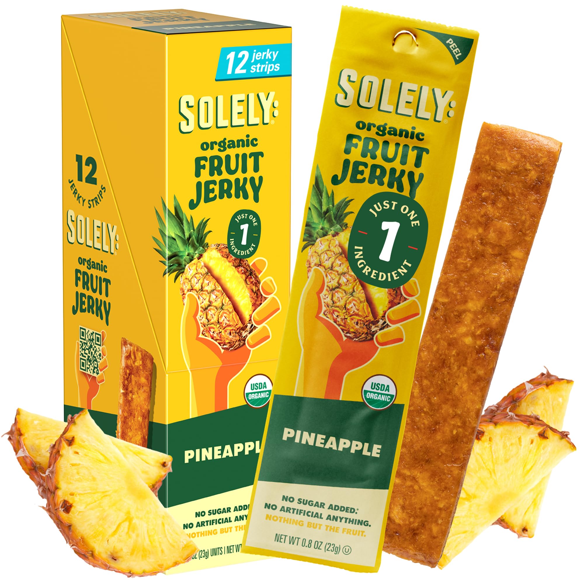 SOLELY Organic Pineapple Jerky packaging highlights a portable 12-pack for on-the-go snacking.