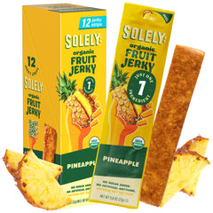 SOLELY Organic Pineapple Jerky packaging highlights a portable 12-pack for on-the-go snacking.
