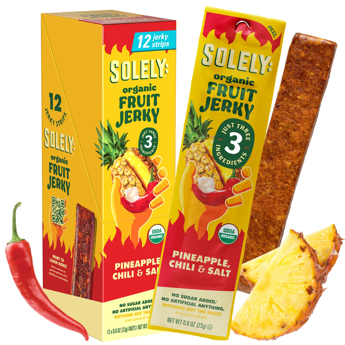 SOLELY pineapple-chili-fruit-jerky-pack: portable vegan snack for busy days.