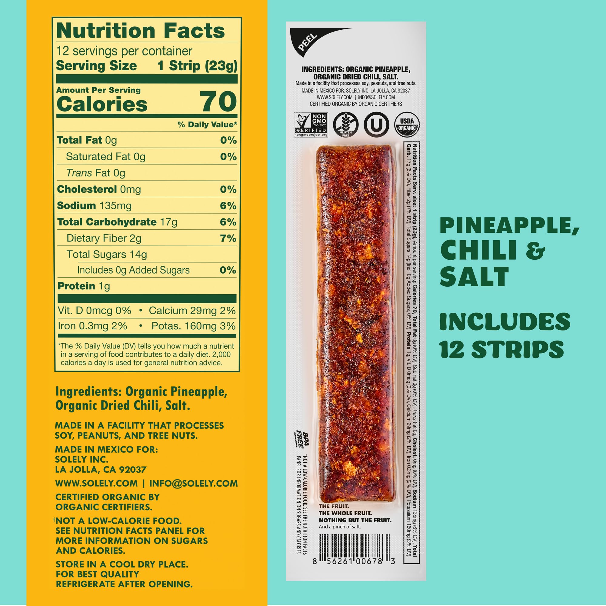 SOLELY pineapple-chili-fruit-jerky-strip-closeup: bold color and texture in a single strip.