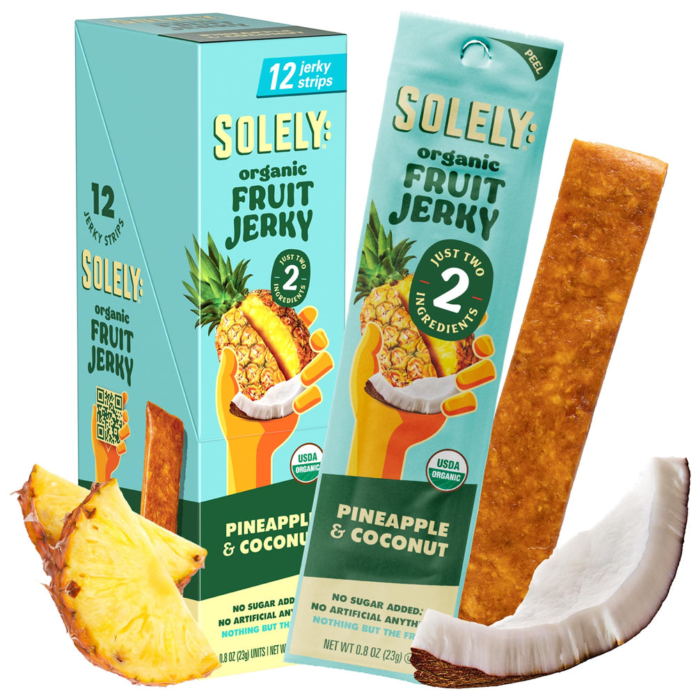 SOLELY Pineapple Coconut Fruit Jerky pack ready for lunchboxes and on-the-go bites