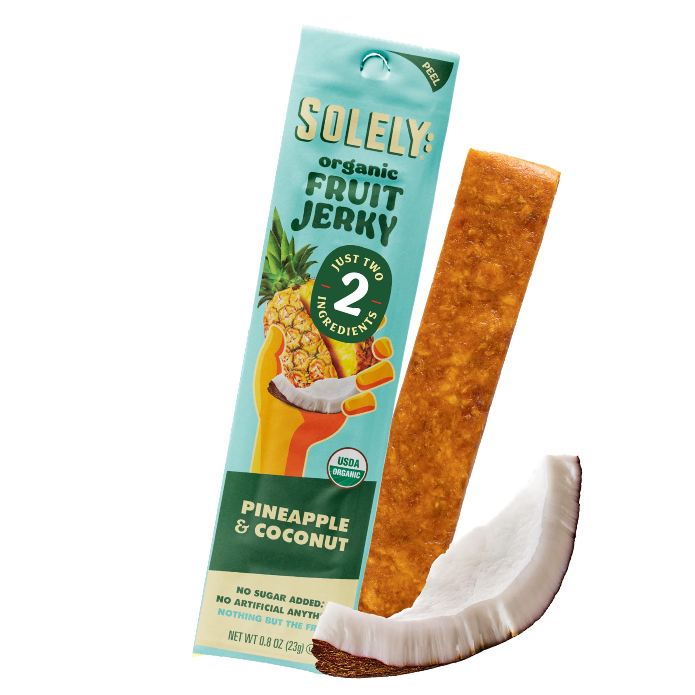 SOLELY pineapple coconut fruit jerky pack, a convenient no-added-sugar snack for on-the-go.
