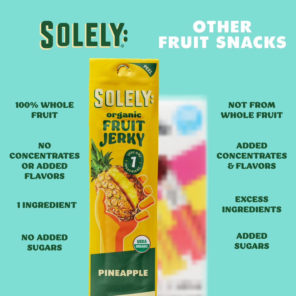 SOLELY Pineapple Jerky front label highlights organic, vegan, non-GMO attributes.