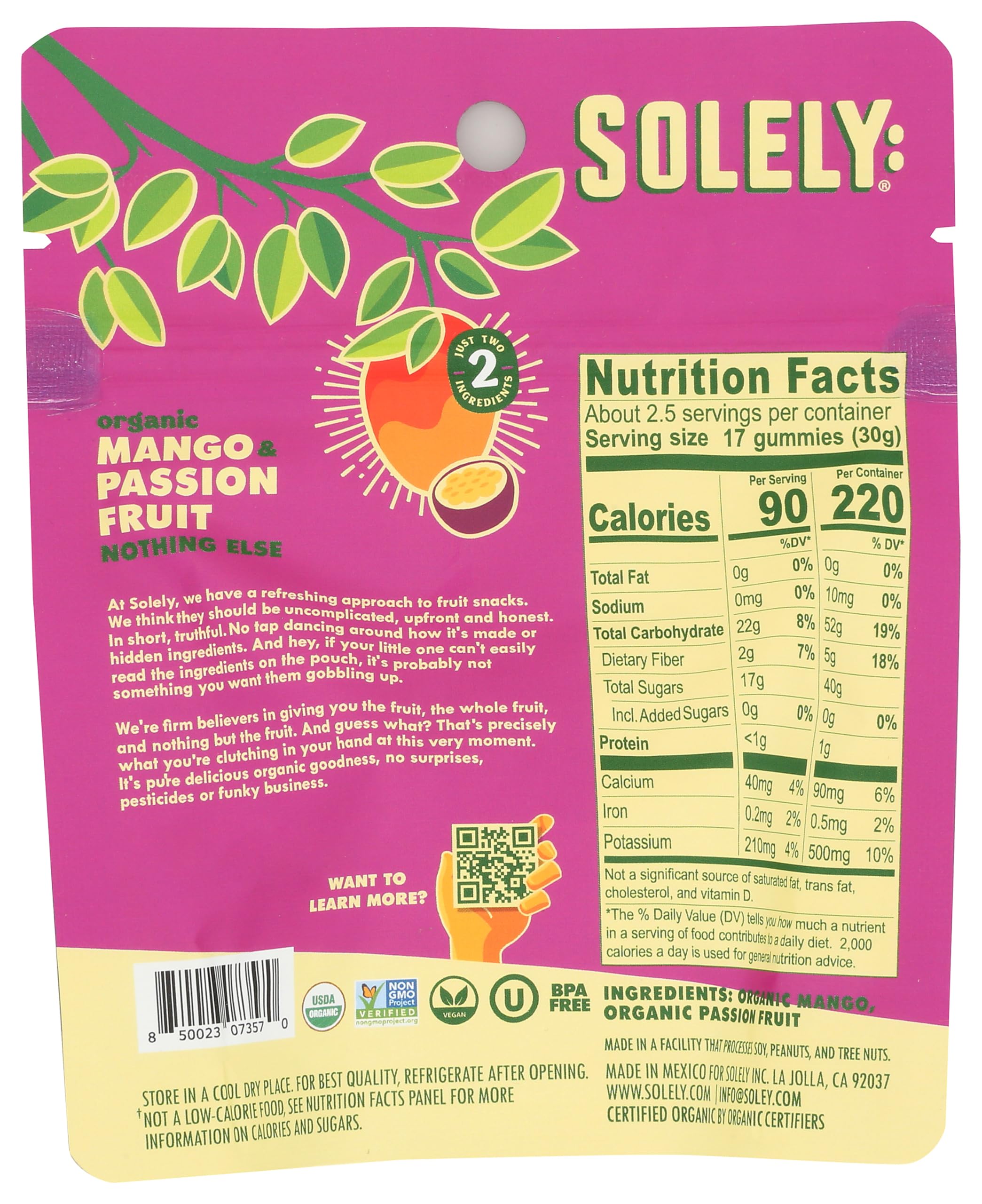 SOLELY resealable bag with 2.5-serving claim, convenient on-the-go snack