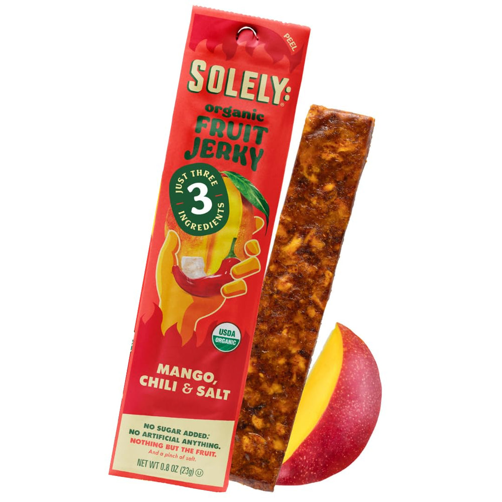 SOLELY spicy mango chili fruit jerky packaging for on-the-go snacking