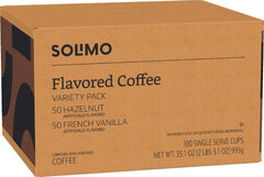 Solimo 100-count box on kitchen counter beside a Keurig