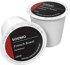 Solimo dark roast coffee pods in the box front for bold mornings.