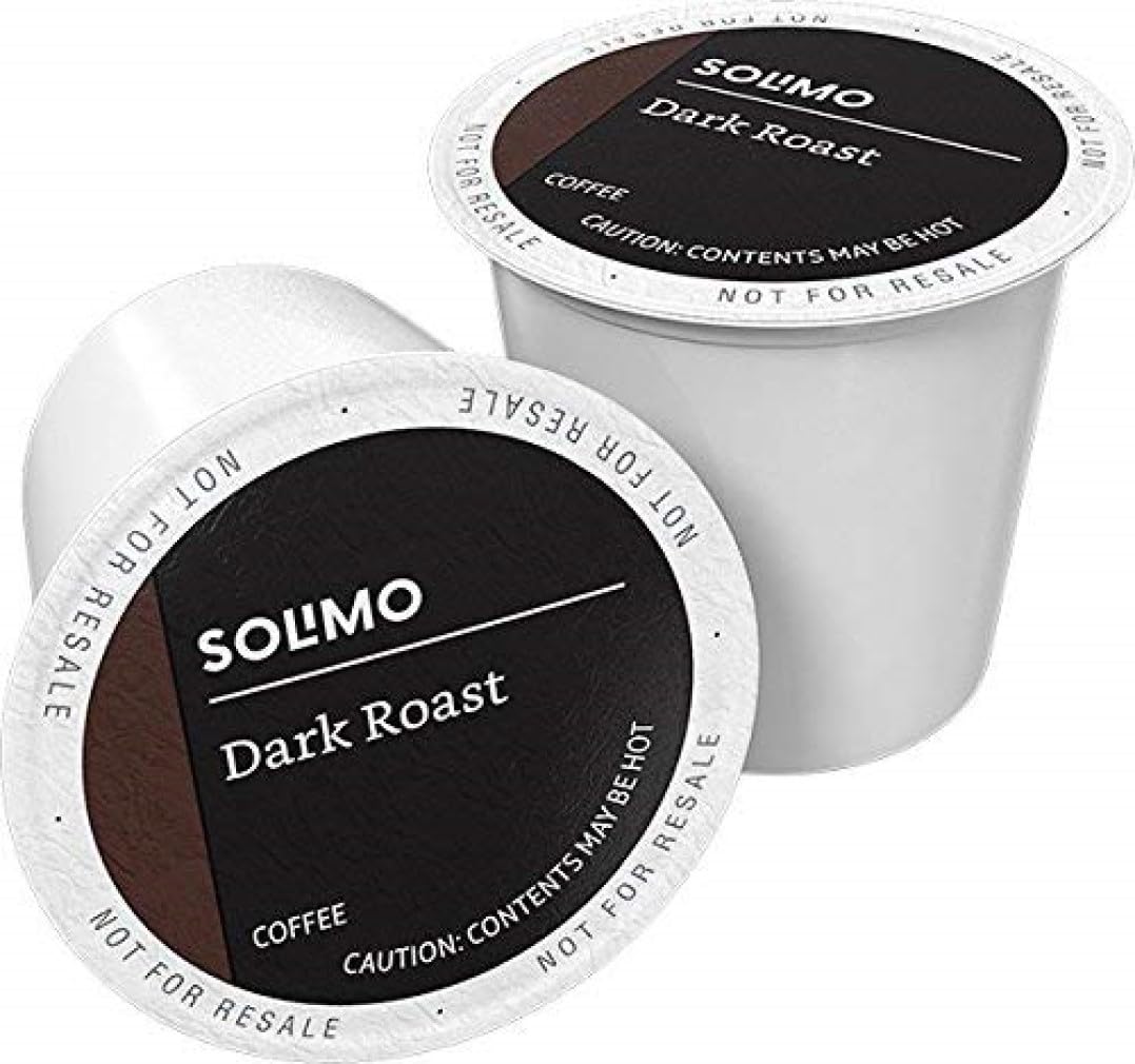 Solimo dark roast coffee pods pack for home use, convenient 100-count supply.