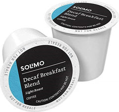 Solimo Decaf Breakfast Blend pods in a box, ready for busy mornings.
