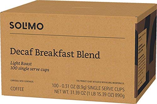 Solimo Decaf Breakfast pods compatible with 2.0 Keurig brewers.