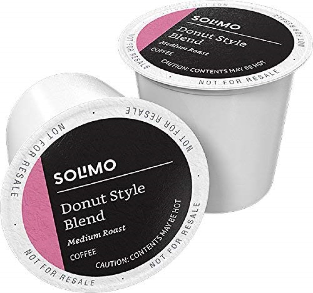 Solimo Donut Style coffee pods pack front, 100-count box for Keurig users