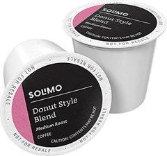 Solimo Donut Style coffee pods pack front, 100-count box for Keurig users